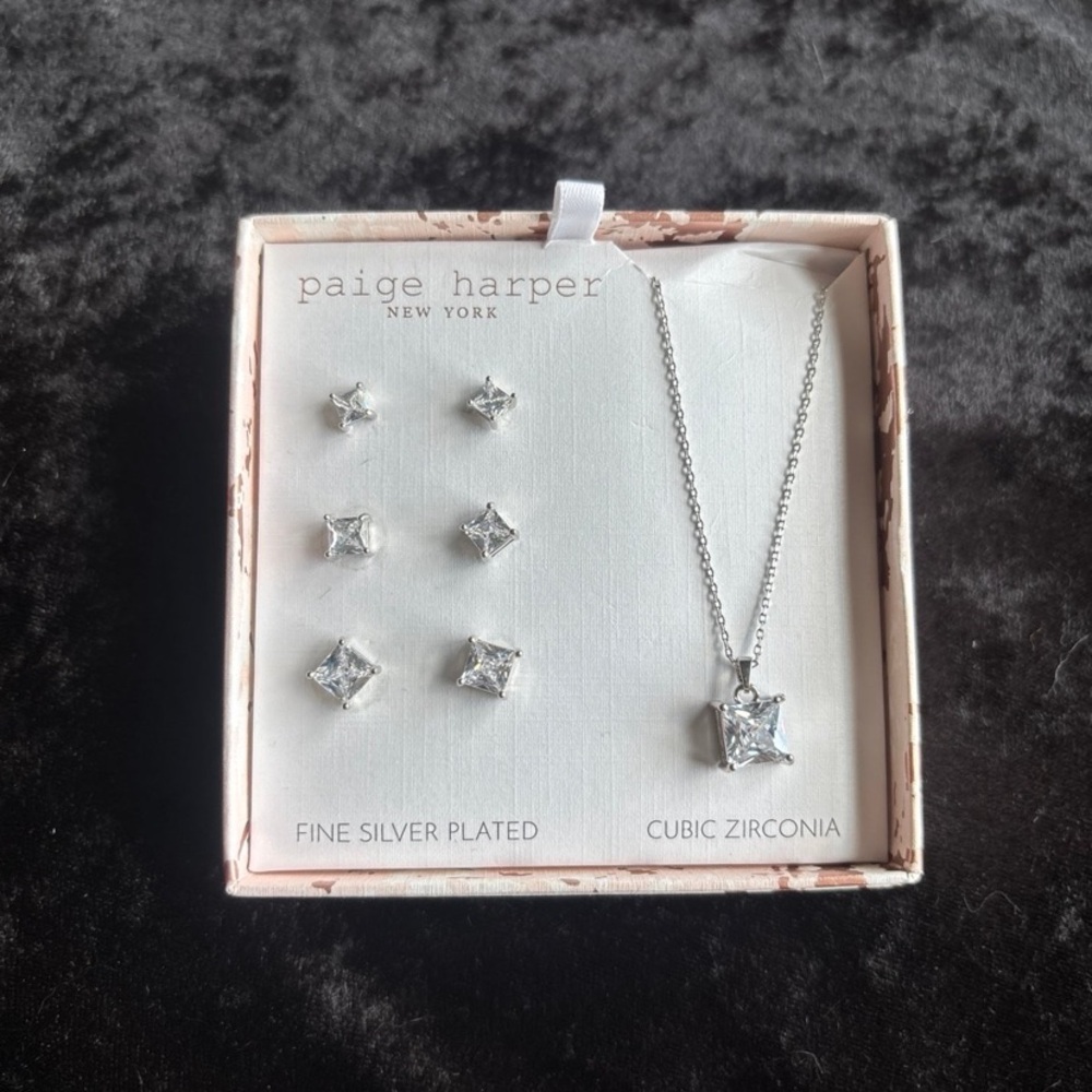 Silver Cubic Zirconia Earring and Necklace Set